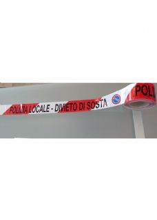 Nastro segnaletico  bianco e rosso mm. 70 x 200 mt. Con scritta POLIZIA LOCALE- DIVIETO DI SOSTA- e